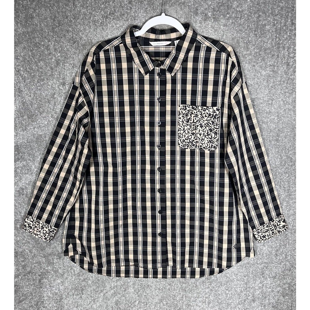 Isaac Mizrahi Live! Long Sleeve Button Up Shirt Top Womens Size 12 Plaid Floral